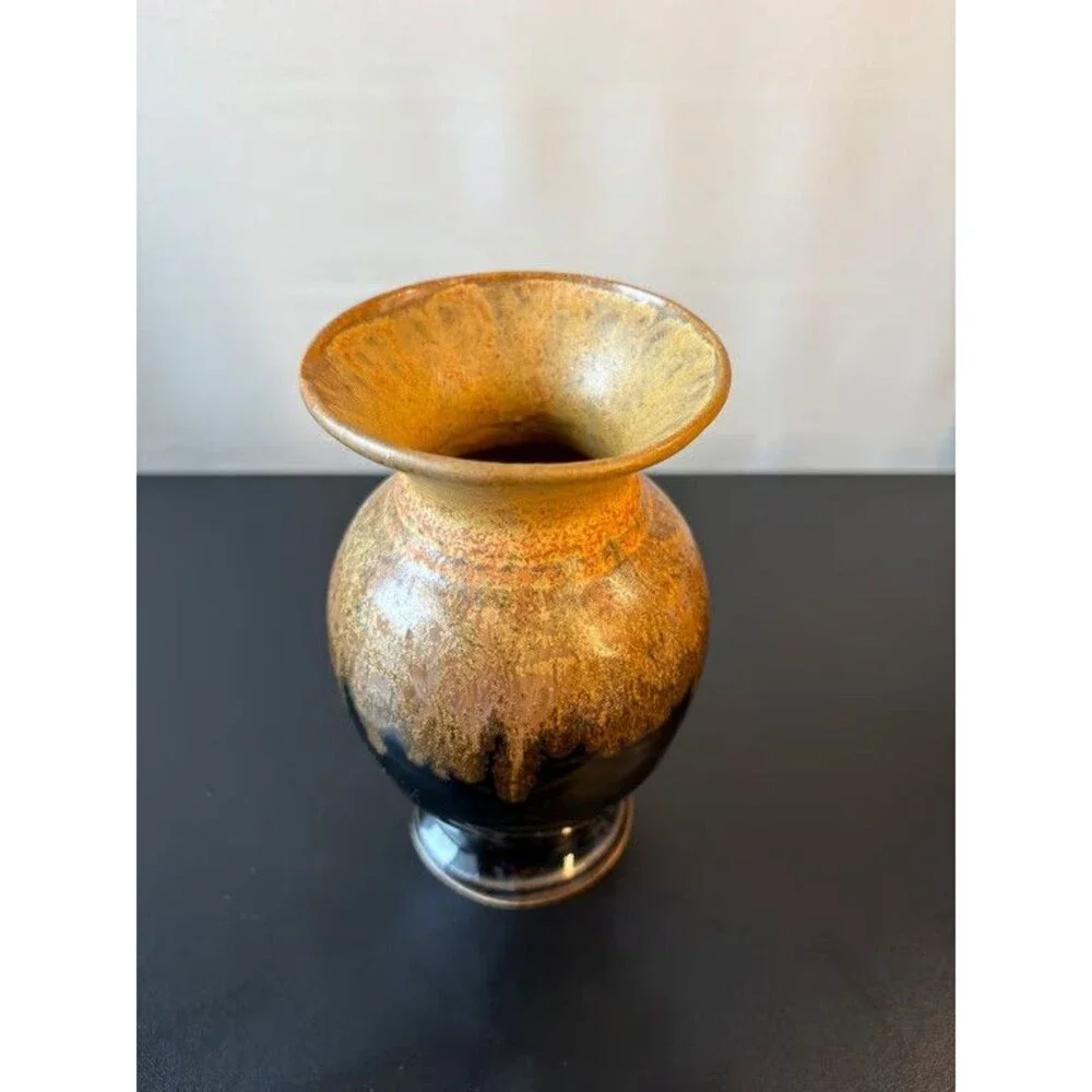 Signed Art Pottery Vase Tenmoku Black Ash Tan Baluster Dated 2009 Stoneware